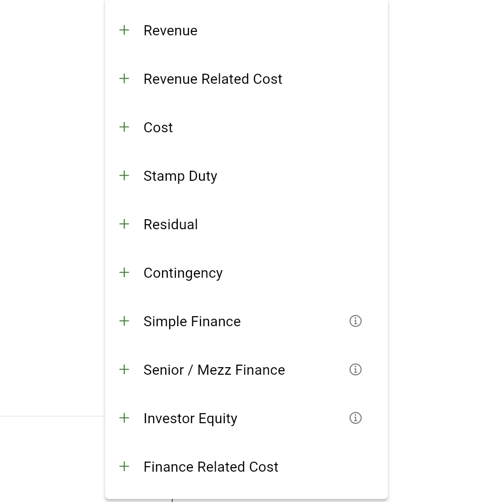 A list of available item types within our development appraisal software.